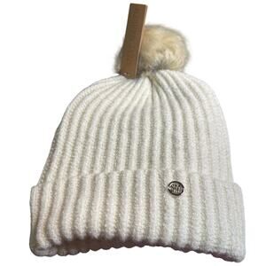 Steve Madden Ivory Ribbed Knit Pom Pom Beanie Hat, Winter, Cold Weather, NWT